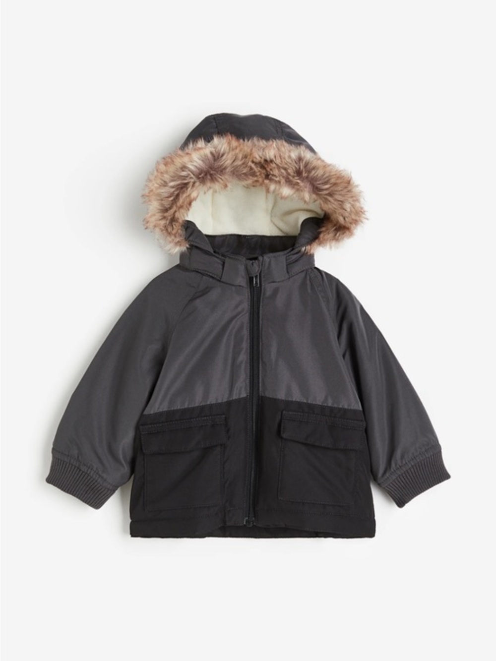 H&M Two-Tone Gray & Black Puffer Jacket with Faux-Fur Hood